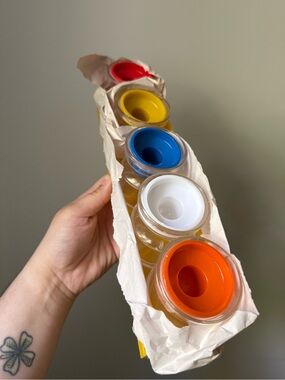 Vintage Zellers 5 Clear Plastic Space Age Storage Jars w/ Yellow Rack Post Mod